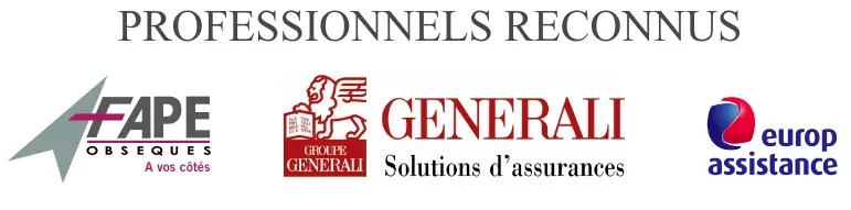 Logos des partenaires Fape Obsèques, Generali et Europ Assistance.